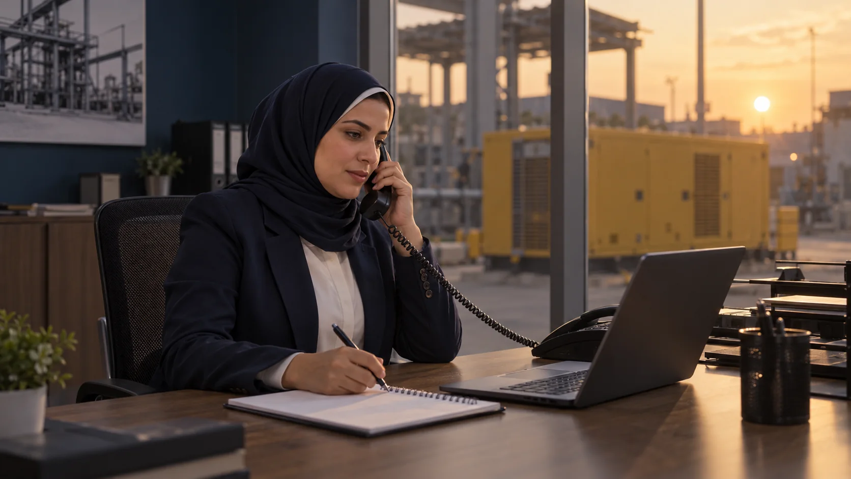 AI cinematic illustration of an operations coordinator in an industrial office