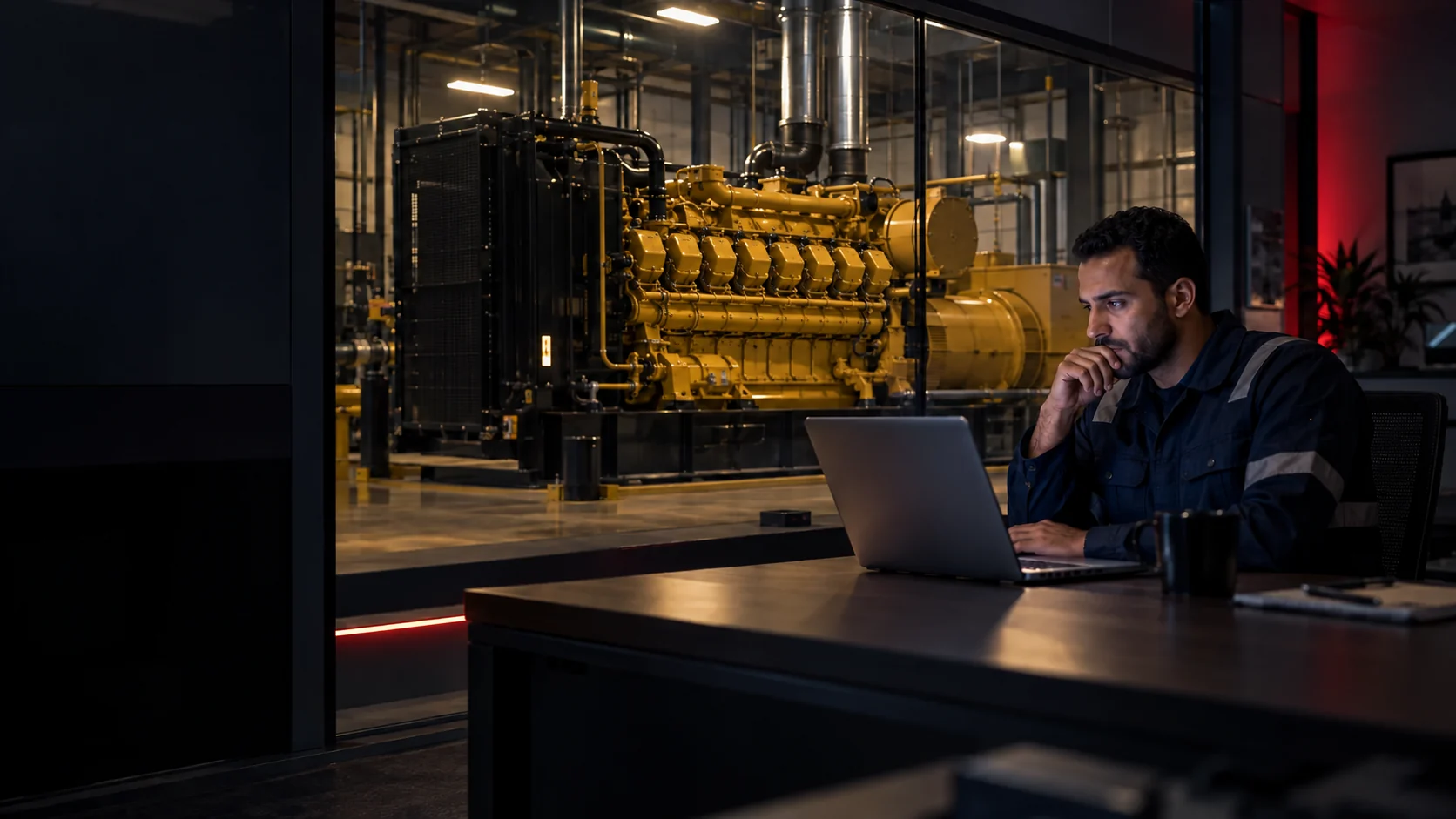 AI cinematic illustration of an engineer planning work beside a generator workshop