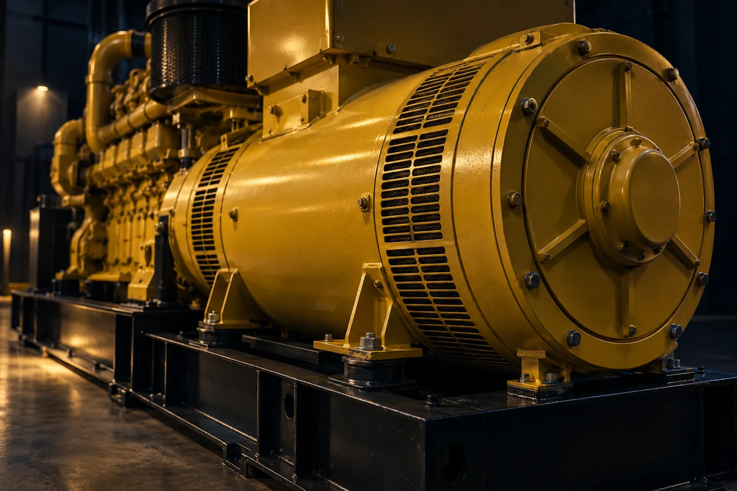 Cinematic illustration of a large yellow generator alternator and chassis