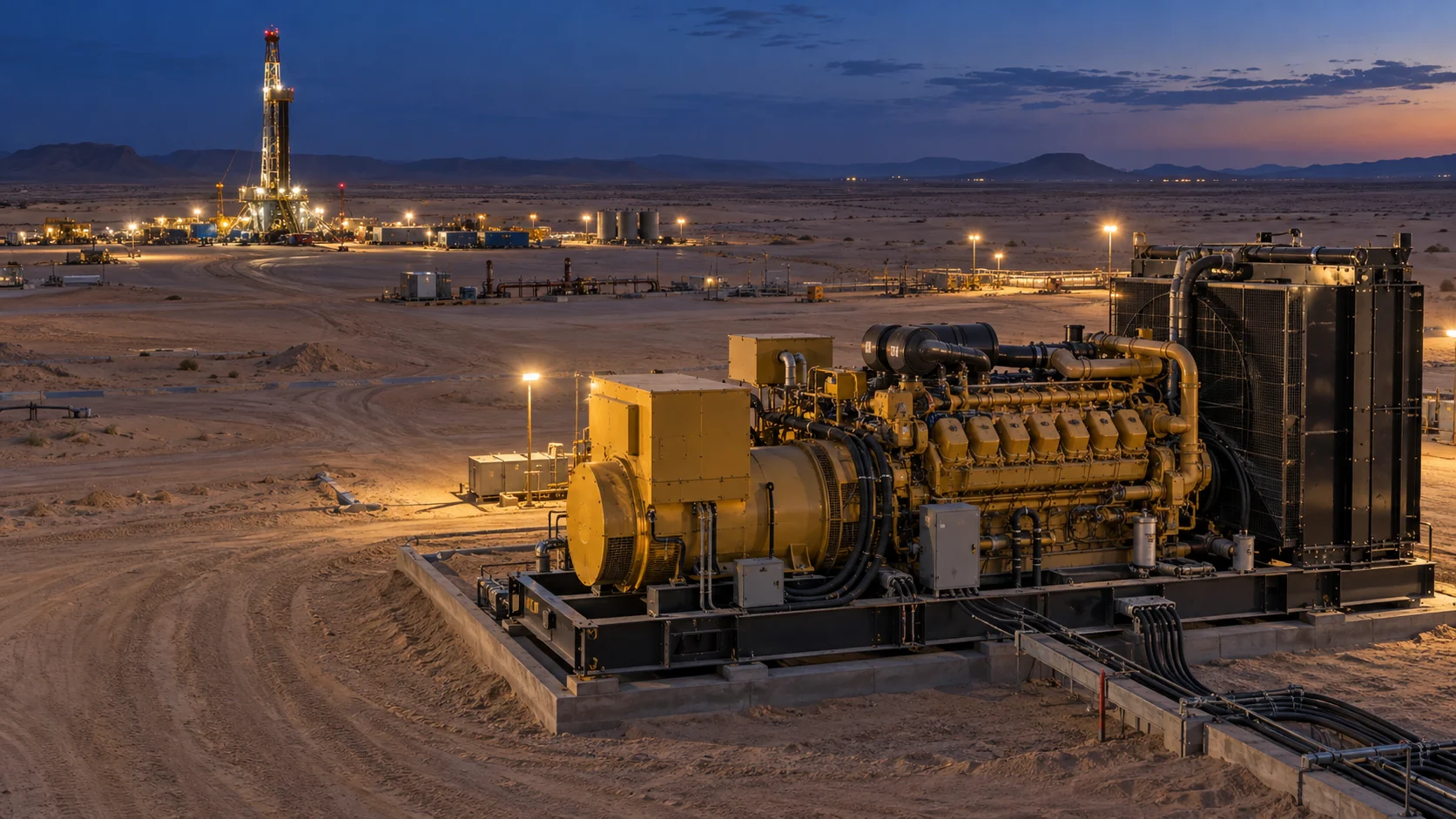 Cinematic illustration of large yellow generators supporting an Egyptian desert drilling site at blue hour