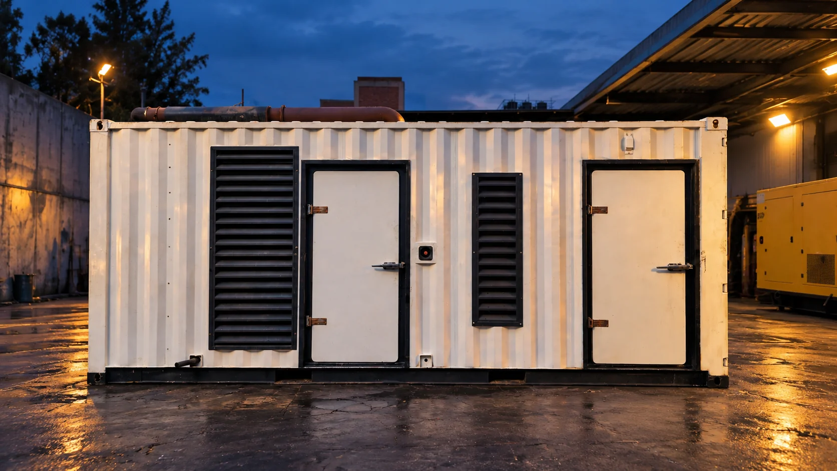 AI relighting of a reference generator enclosure with service doors and ventilation louvers