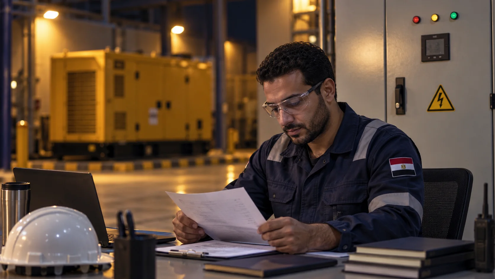 AI cinematic illustration of an engineer reviewing a generator test record