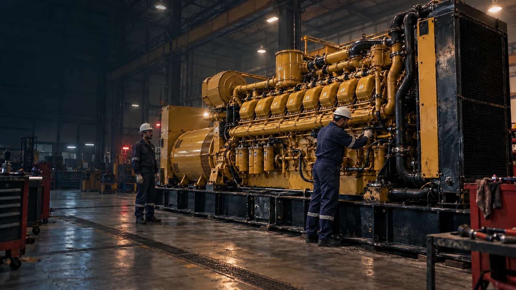 Cinematic illustration of technicians inspecting a large yellow industrial generator in a workshop